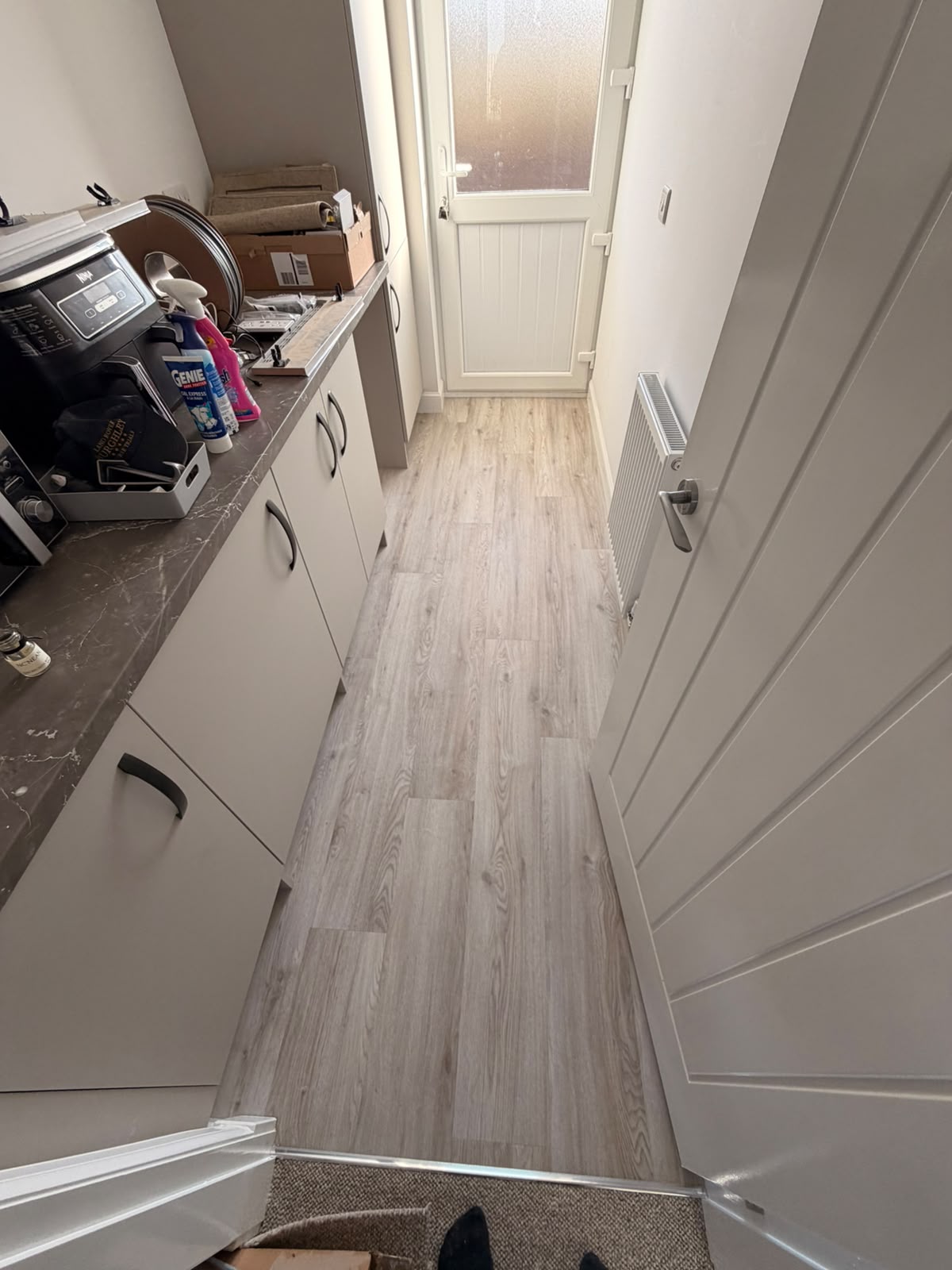 Chrome door bar transition between LVT and carpet
